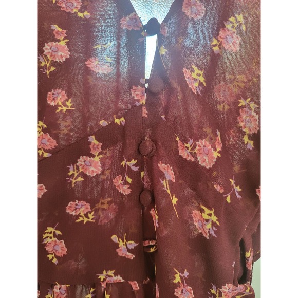 Gianni Bini Maroon Floral Ruffle Sleeve Dress with Tie - Small - Picture 2 of 3